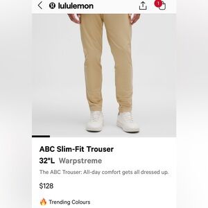 Luluemon Men’s ABC slim fit Warpstreme Pants. Size  30 x 32L.